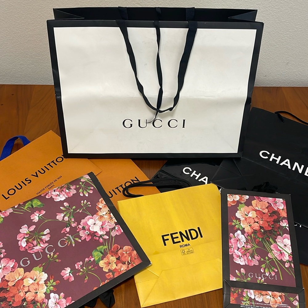 Lot of 9 Designer Shopping Display Bags - Gucci, Chanel, Fendi, LV